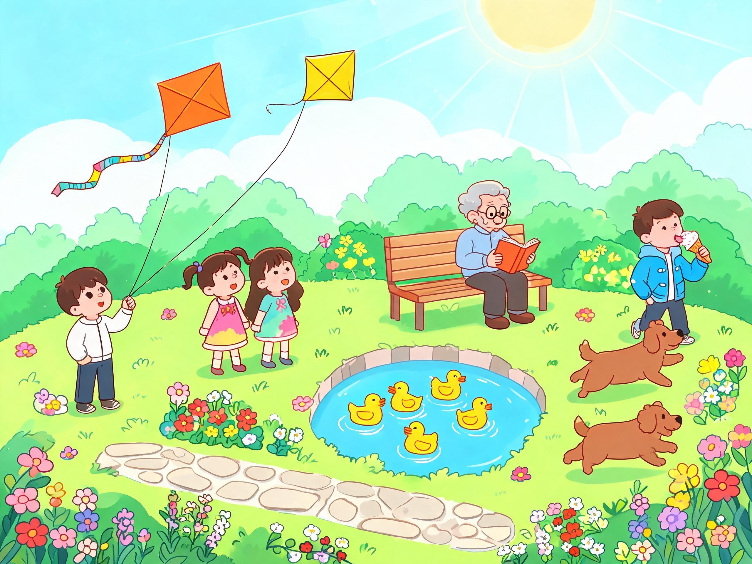 Park scene with children flying kites, ducks, dogs and an old man reading