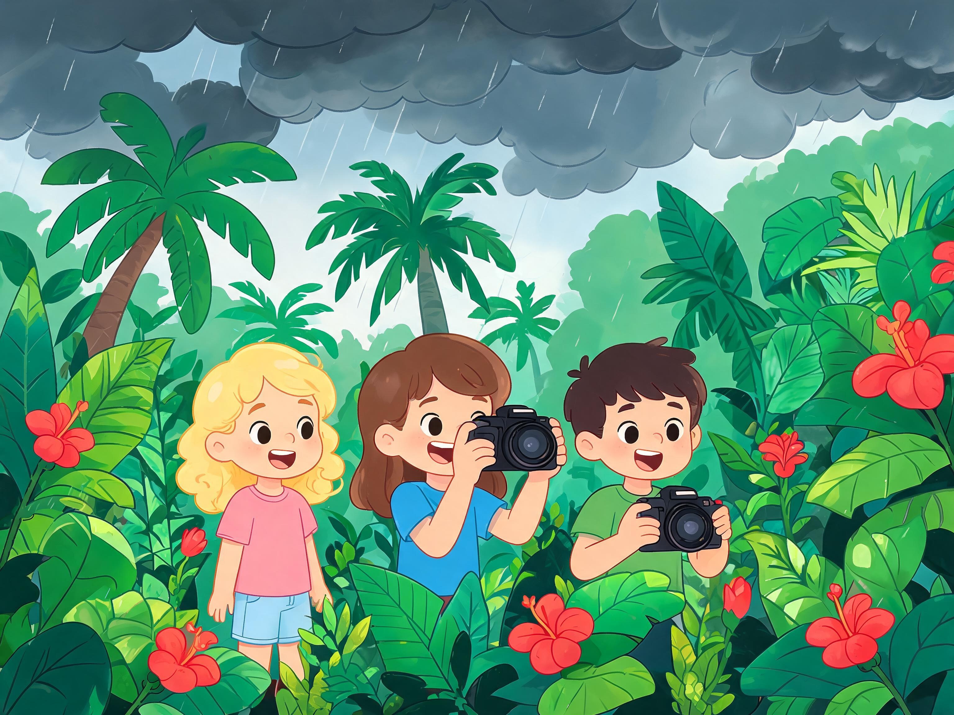 Children in jungle with cameras, dark clouds gathering