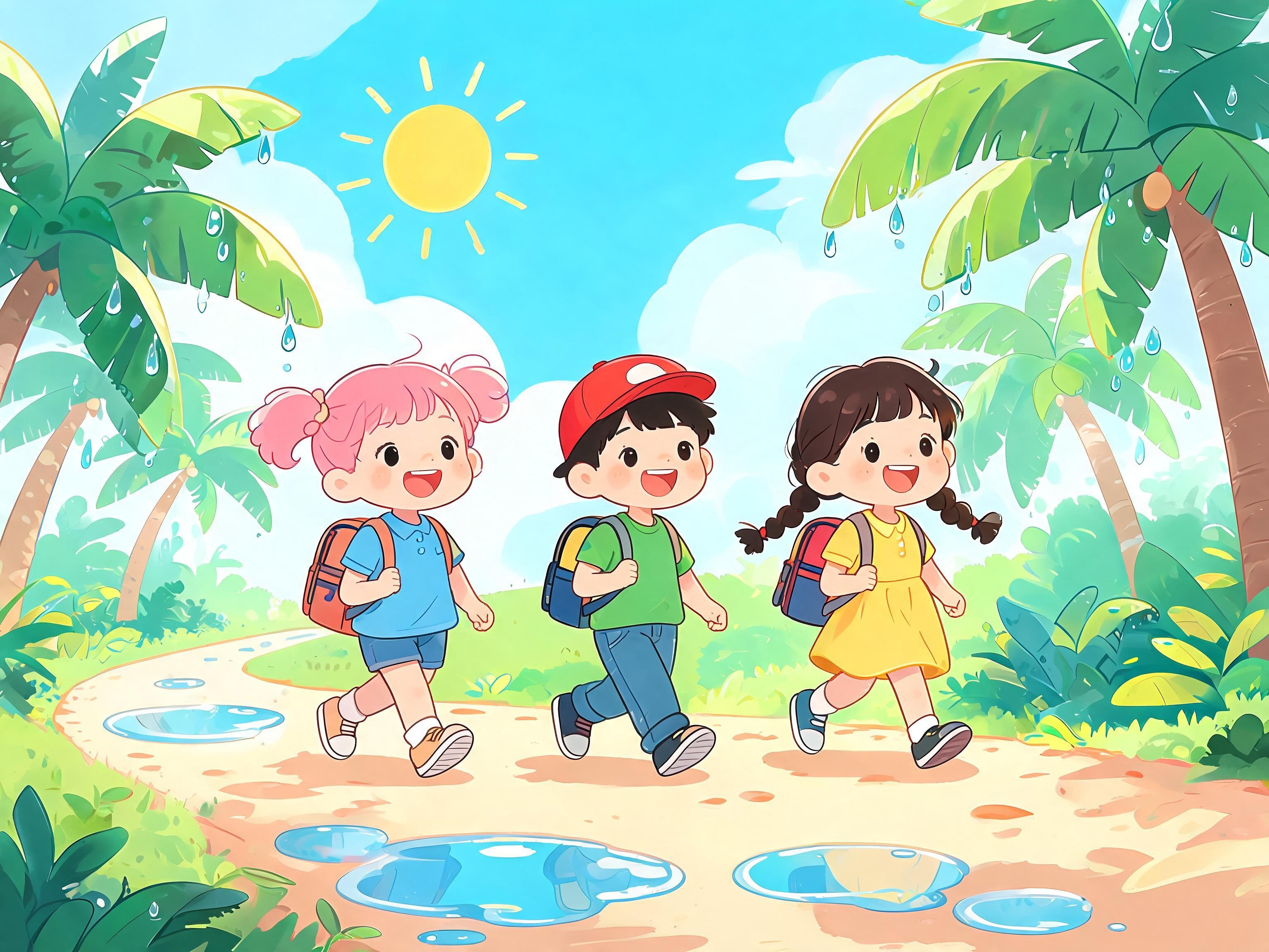 Children walking home on sunny path after rain