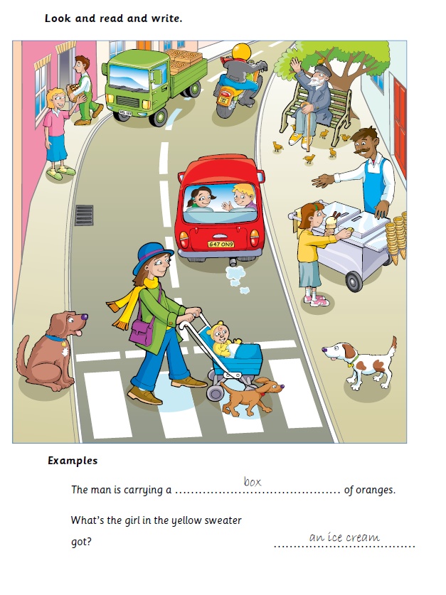 Busy street scene with people, vehicles and animals