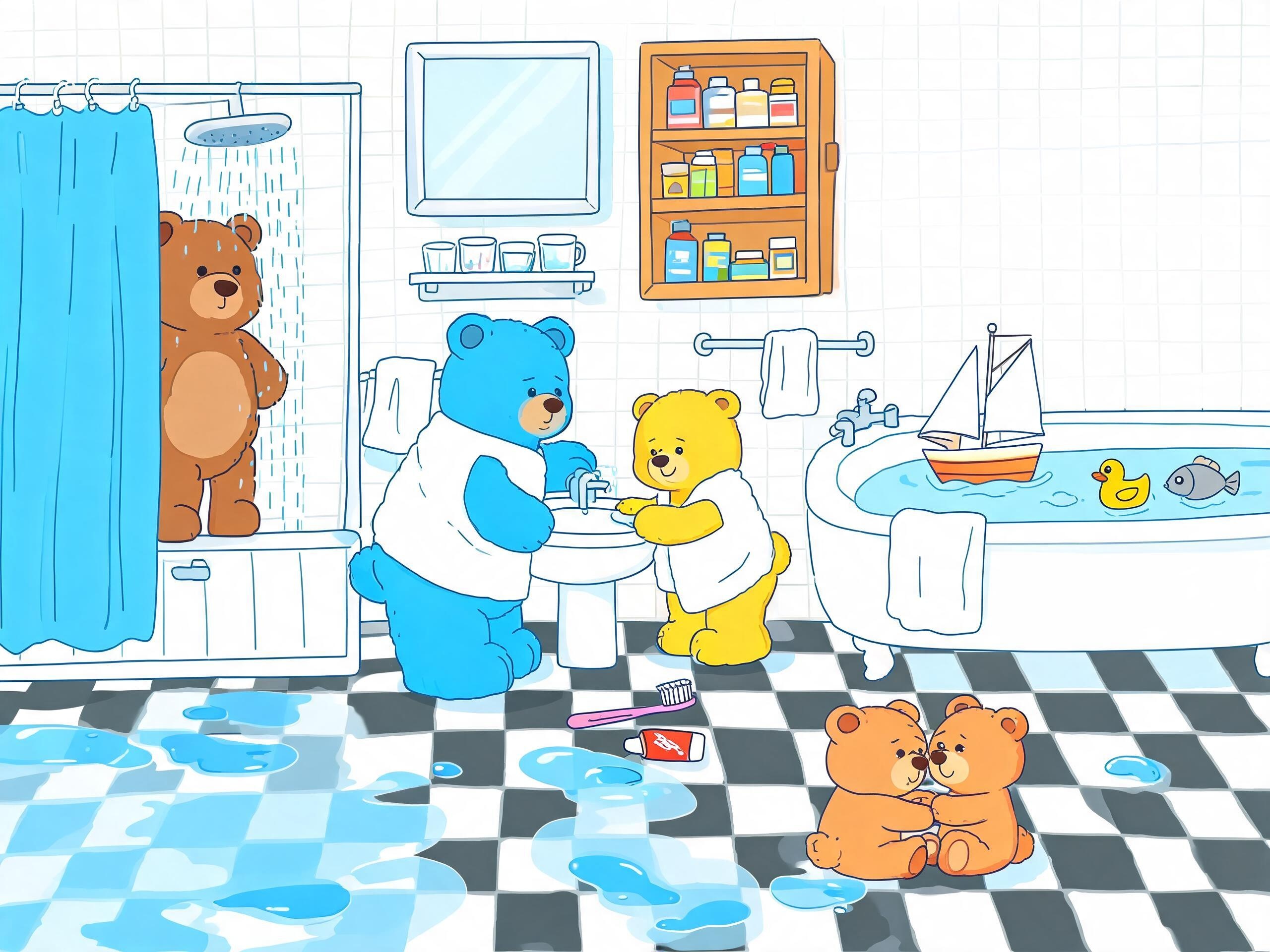 Bathroom scene with five teddy bears, towels, bathtub with toys and wet floor