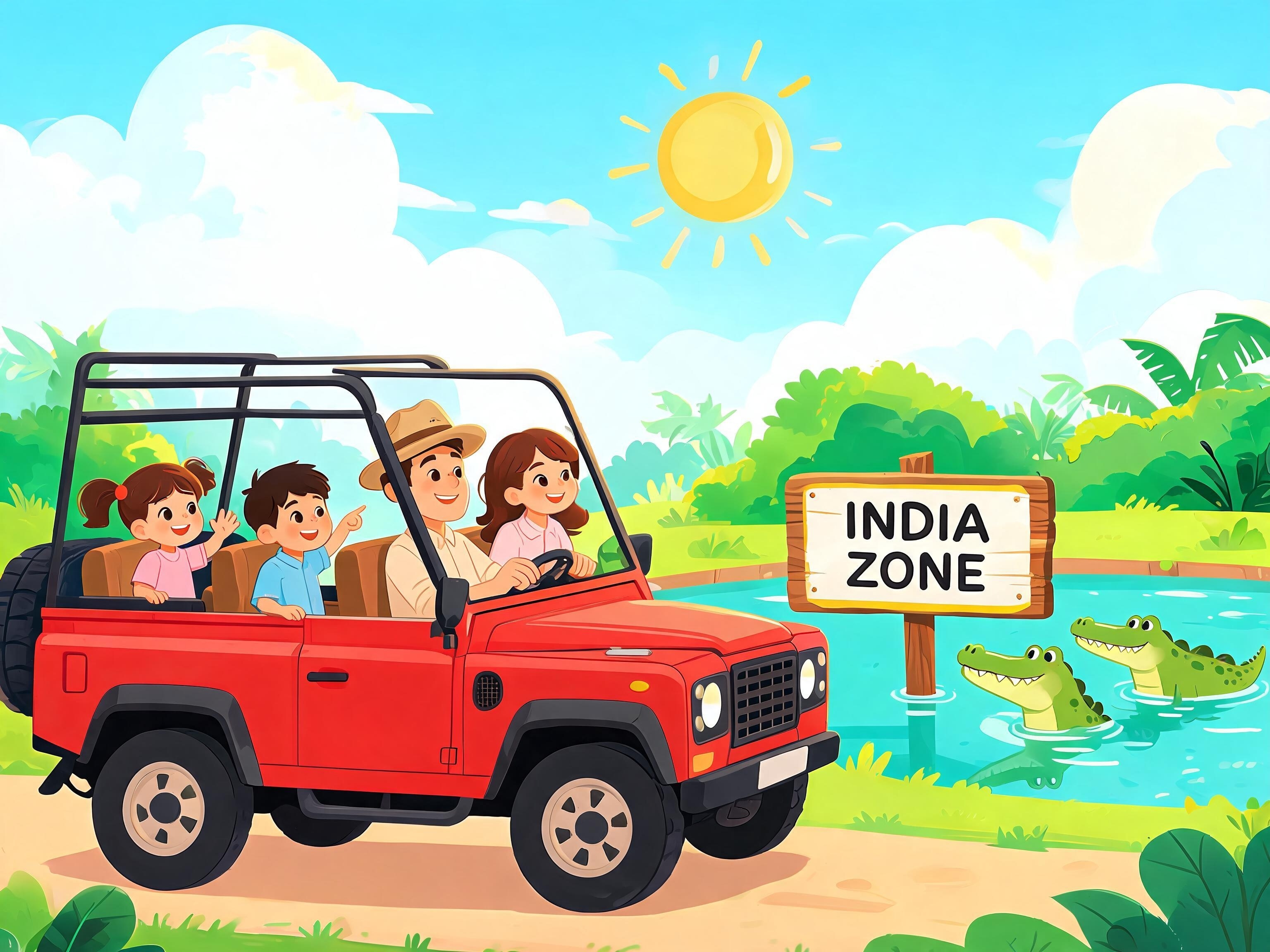 Family in red jeep at India Zone with crocodiles