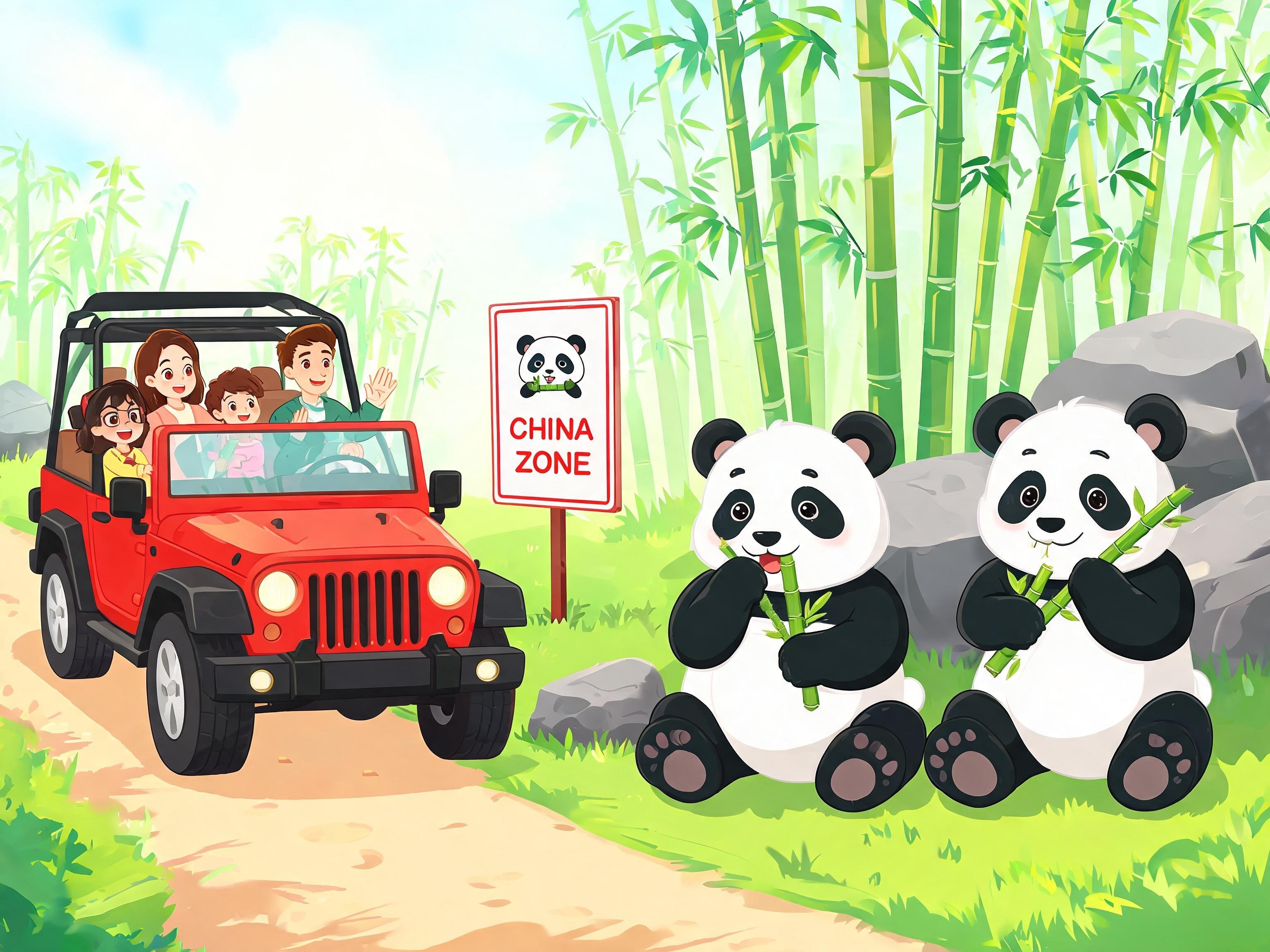 Family jeep at China Zone, two pandas eating bamboo