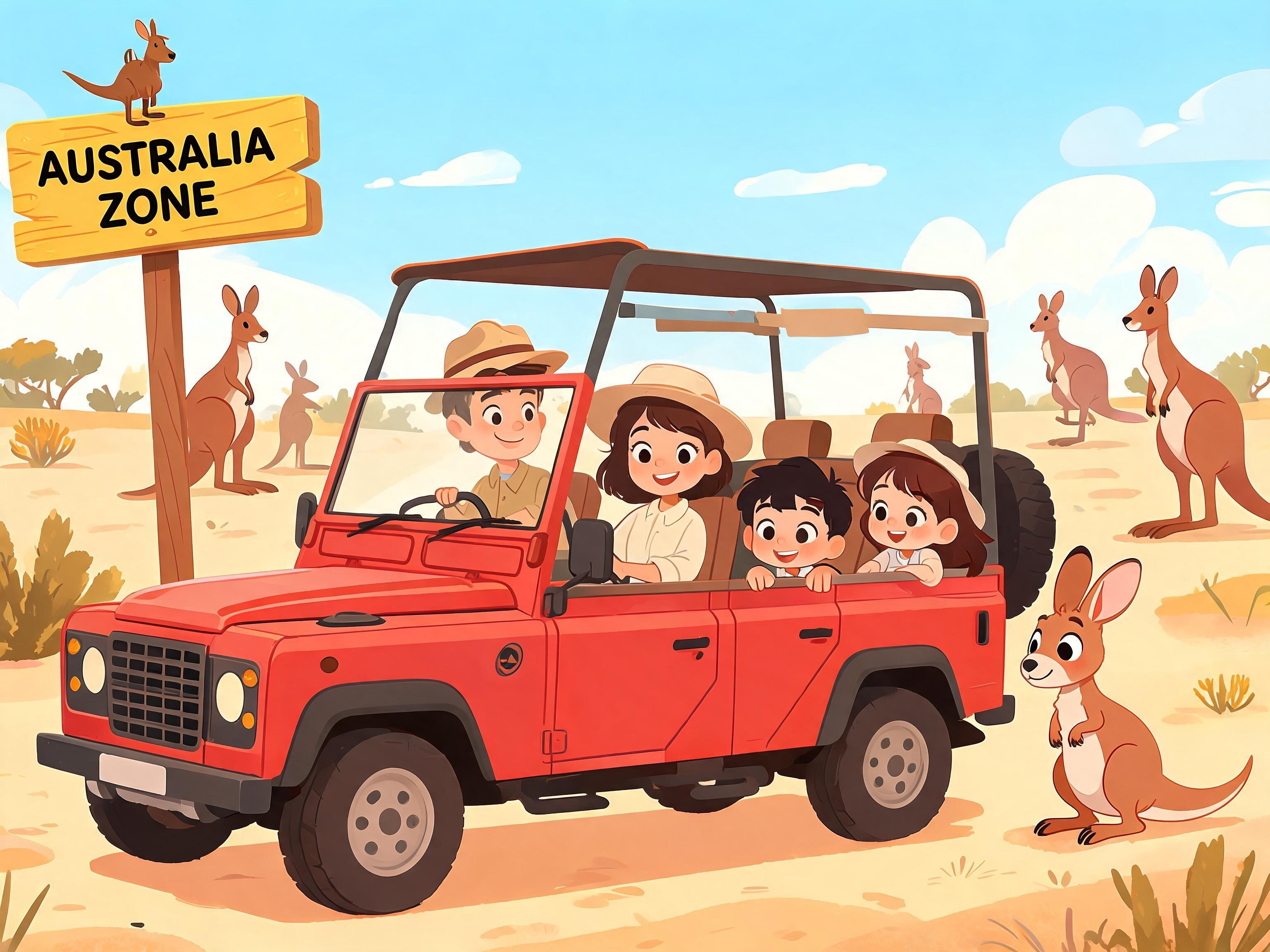 Family jeep at Australia Zone, baby kangaroo up close
