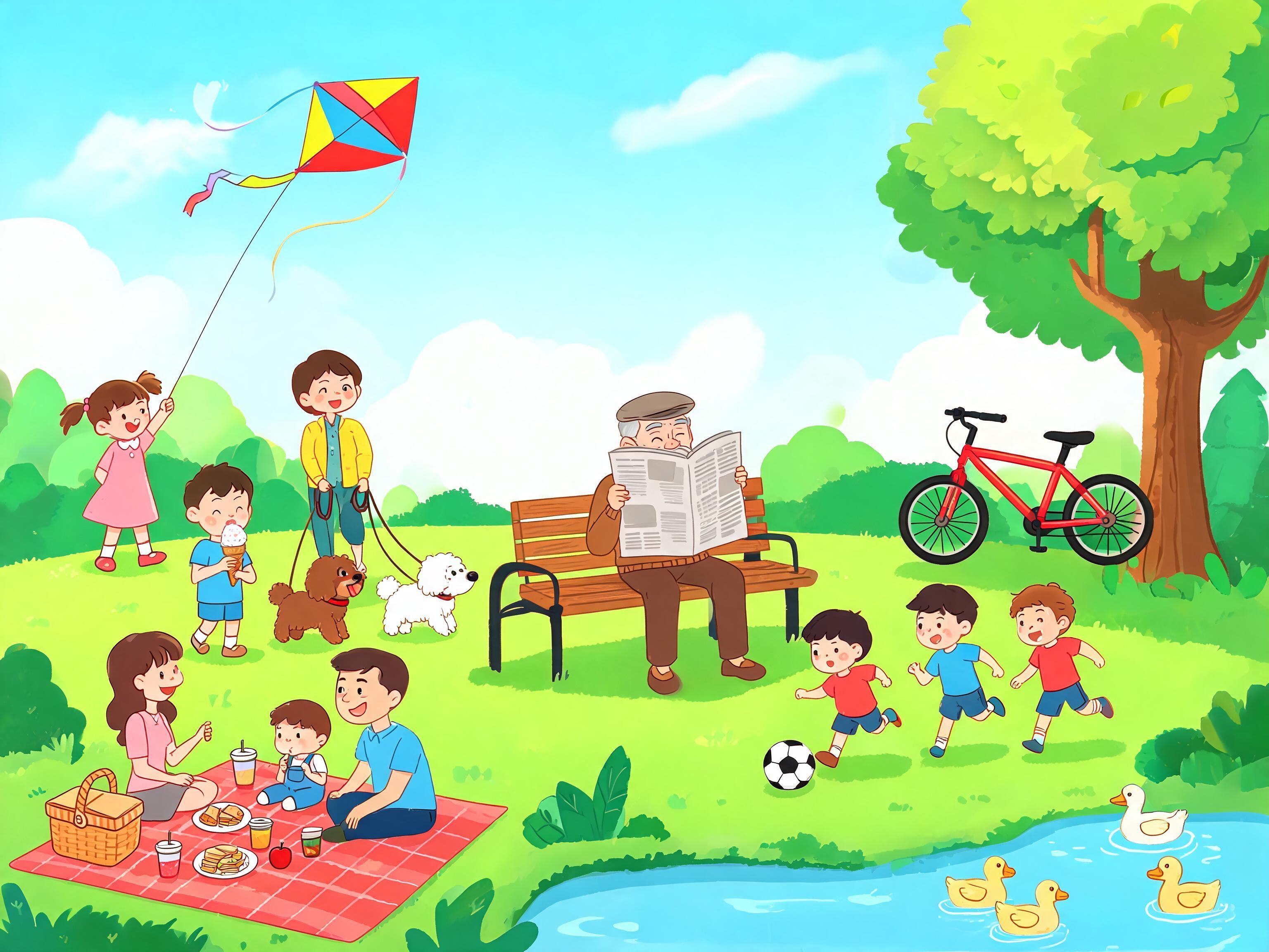 Busy park scene with many people doing different activities