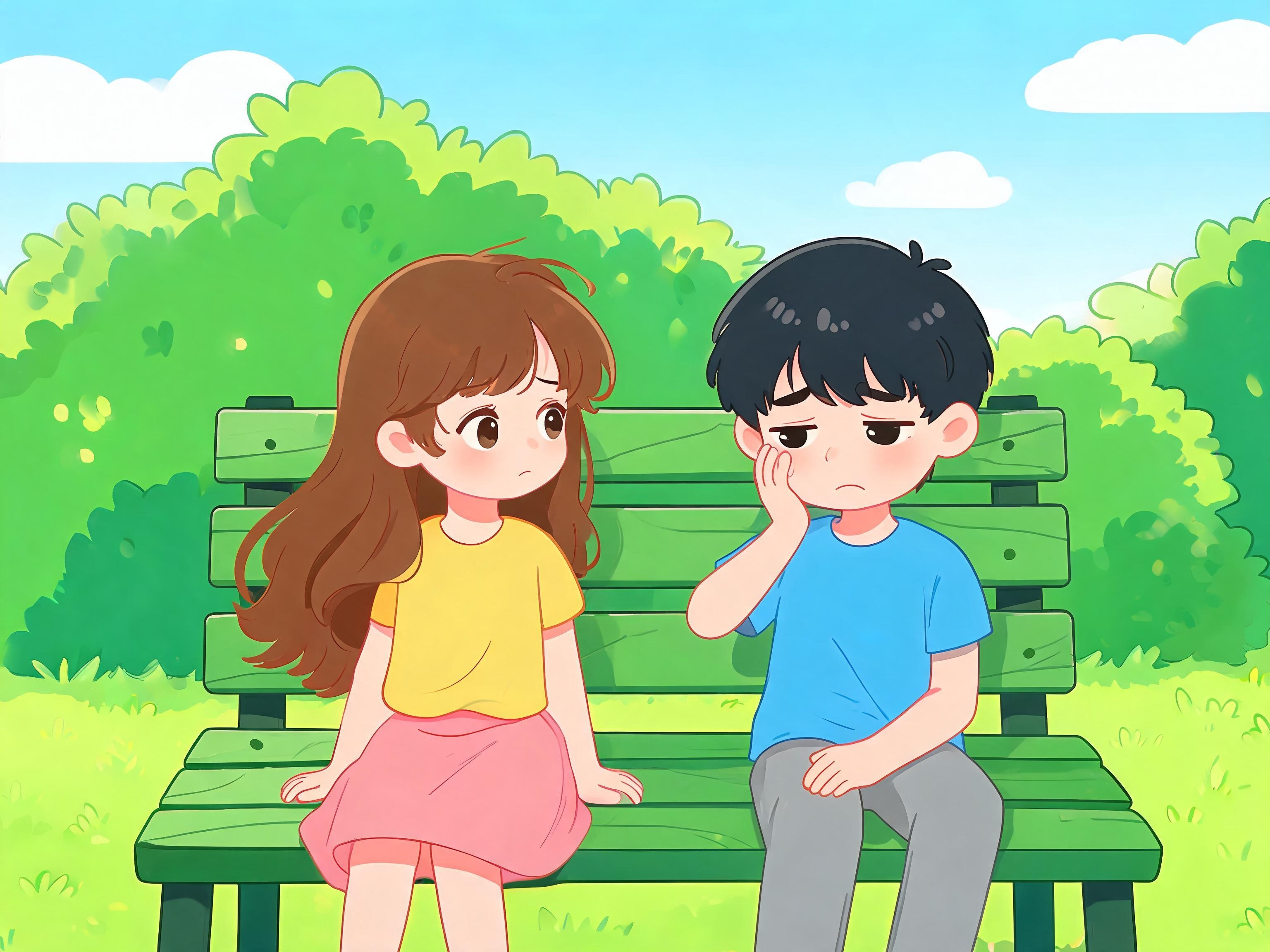 Peter and Jane sitting on a park bench, Peter looks unwell