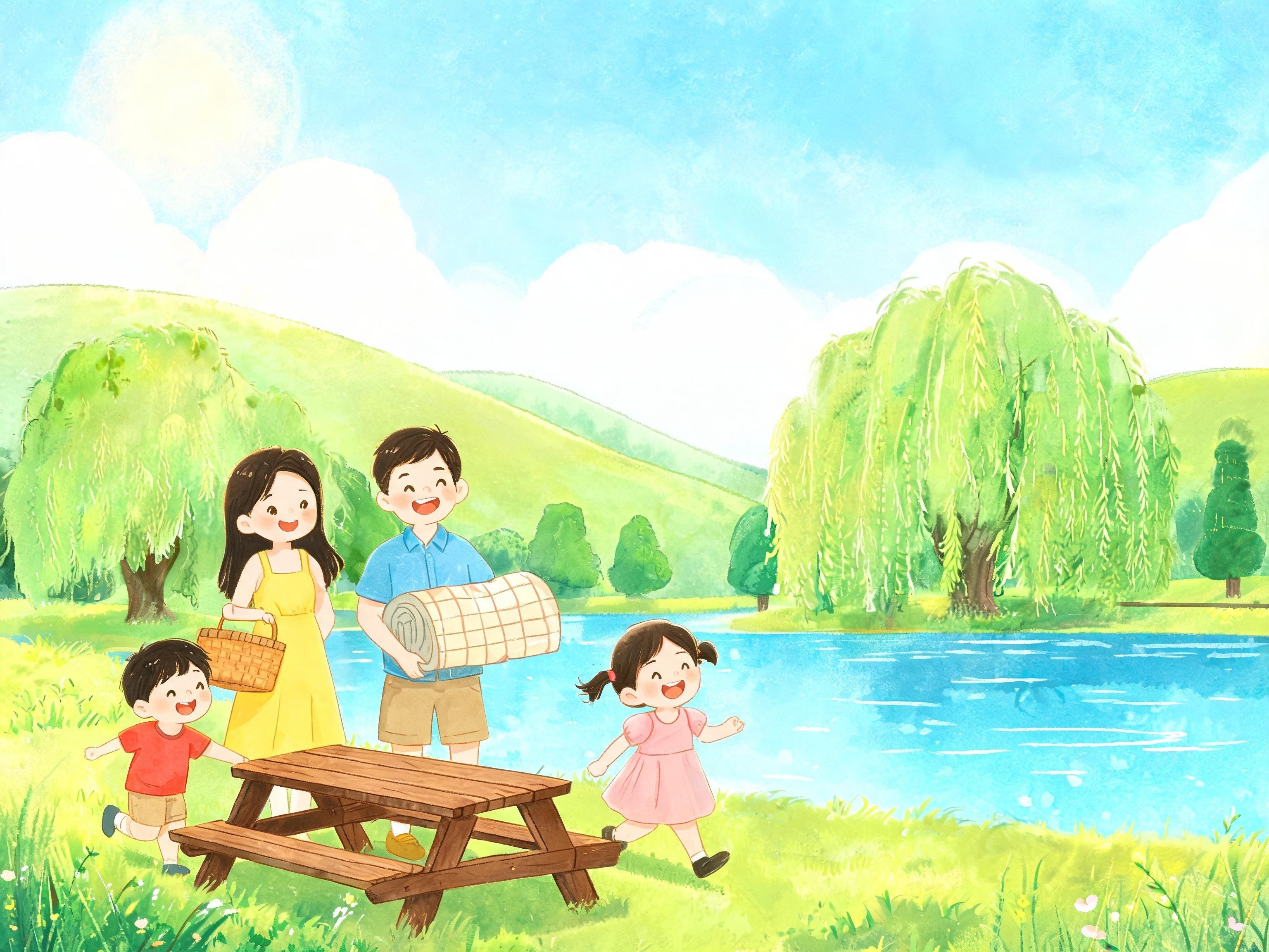 Family arriving at a countryside lake on a sunny day