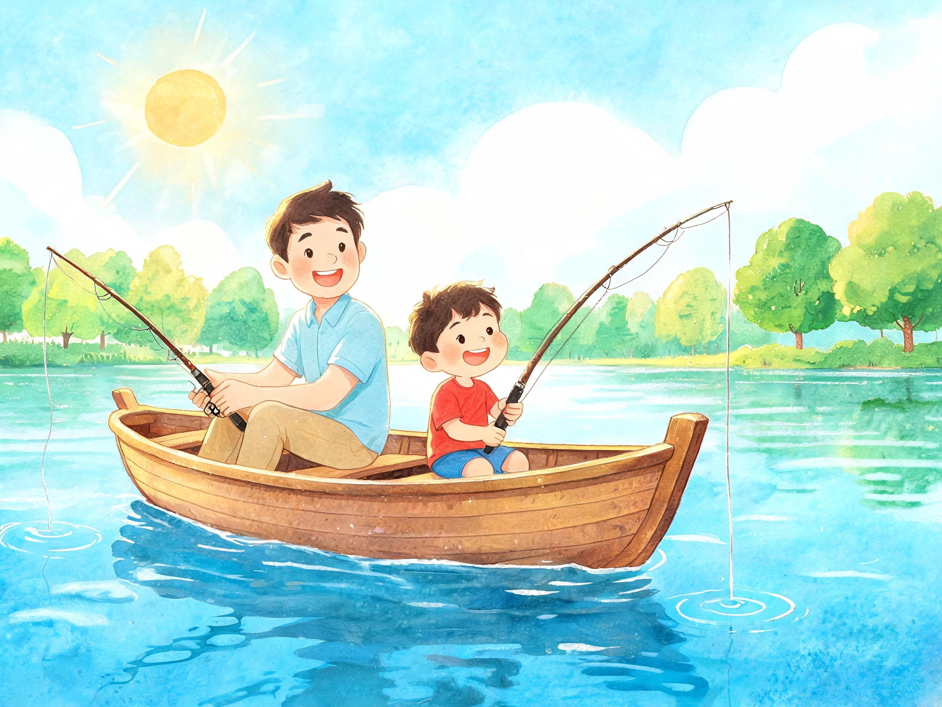 Dad and boy fishing from a small boat on the lake