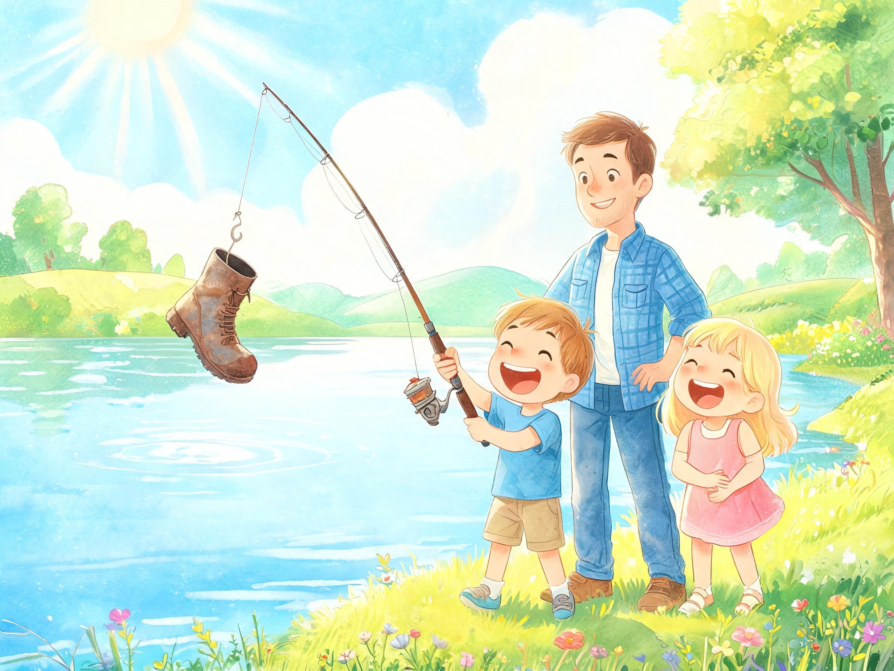 Boy pulling up an old boot on his fishing line, family laughing