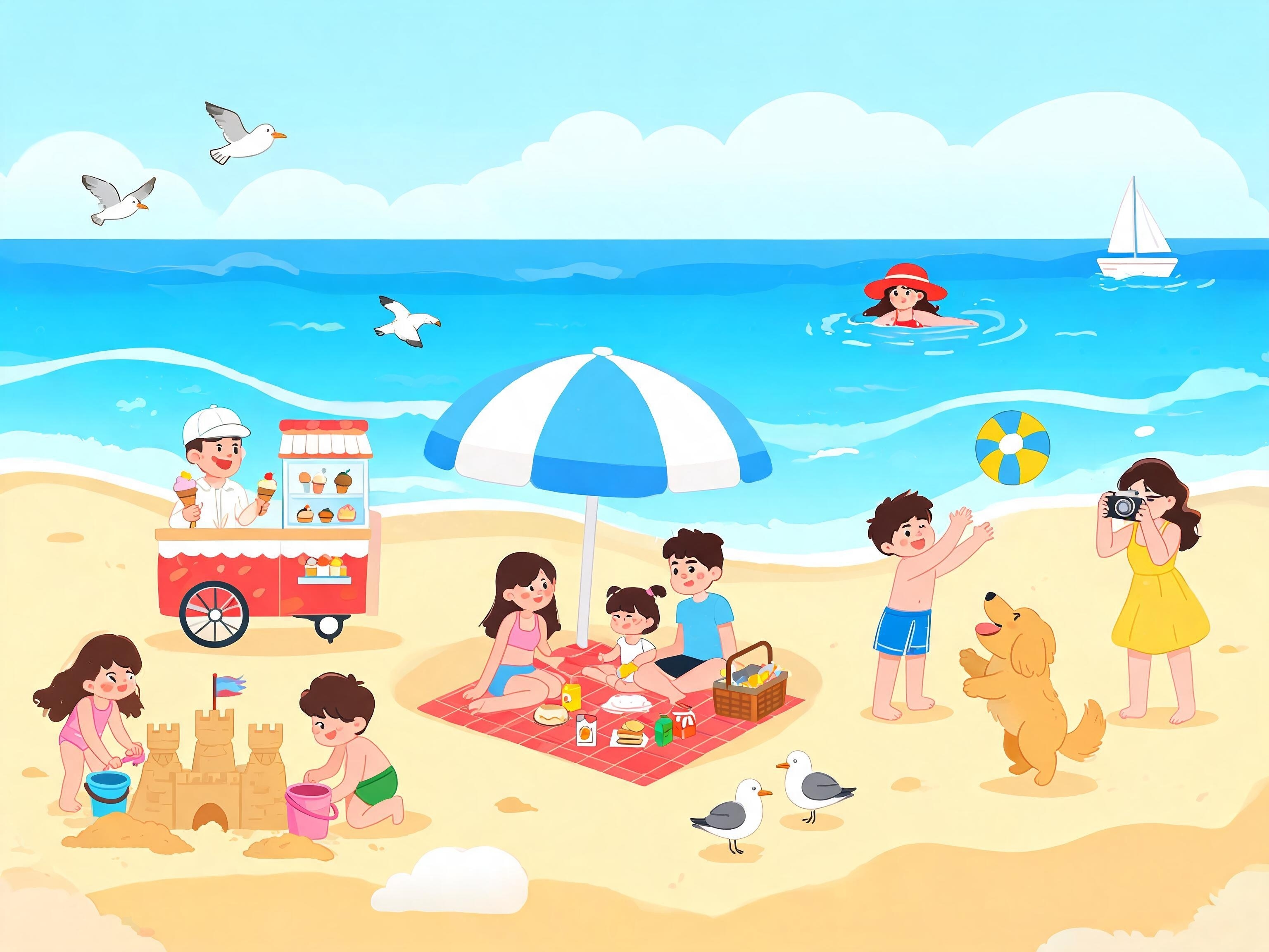 Busy beach scene with people swimming, building sandcastles and having fun